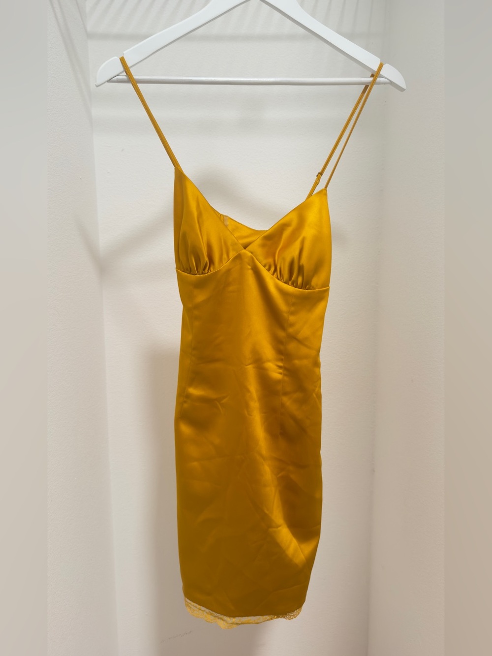 Mistress Rocks Satin Spaghetti-Strap Mini Dress in Mustard